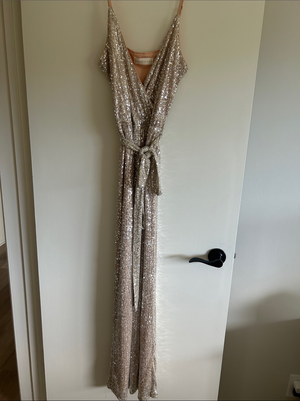 Sequin V-Neck Jumpsuit in Champagne